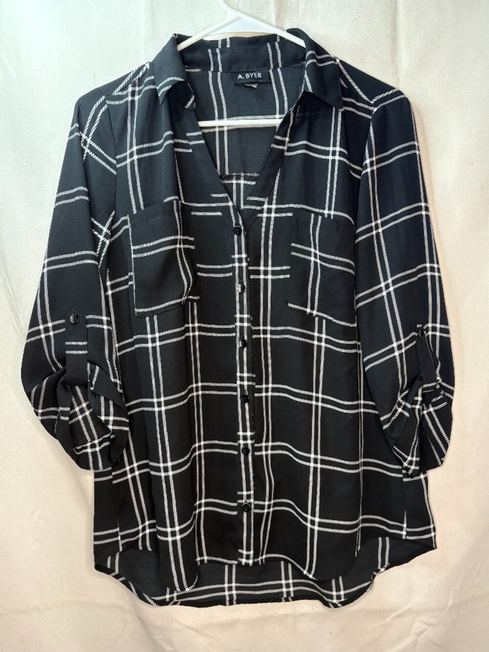 Women's A. Byer Size M - Black & White 3/4 Sleeve Button Up Sheer Blouse